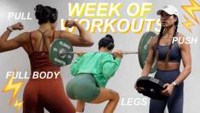 WEEK OF WORKOUTS | My Workout Routine + 4-Day Gym Split (legs, push, pull, full body)