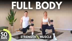 50 Min FULL BODY STRENGTH WORKOUT at HOME - Muscle Building Dumbbell Workout + ABS