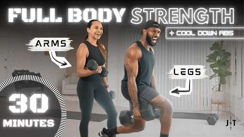 30 Minute Full Body Dumbbell Heavy Strength Workout [+ Cool Down Abs]