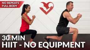 30 Min Cardio HIIT Workout for Fat Loss - No Repeat Bodyweight Workout No Equipment without Weights